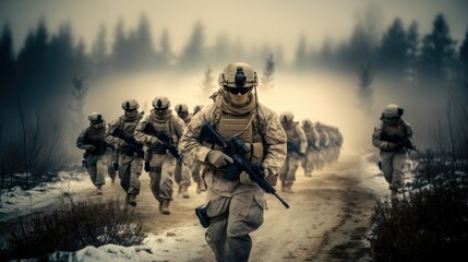 Military fighting on war, US Army soldier soldiers in a cloud of smoke.