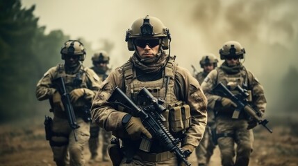 A group of special forces soldiers, Team of United states airborne infantry men with weapons moving patrolling desert.