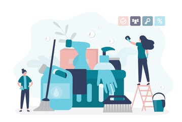 Cleaning service or company, concept. Housekeeping, women workers with various cleaning tools. Woman team doing housework. Professional occupation. Female janitor washing wall and furniture.