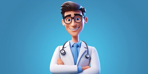 3d render, cartoon character smart confident trustworthy doctor wears glasses and looks at camera. Proud professional caucasian male specialist. Medical clip art isolated on blue background