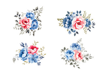 Watercolor blue and pink flowers set, vintage vector flowers collection.