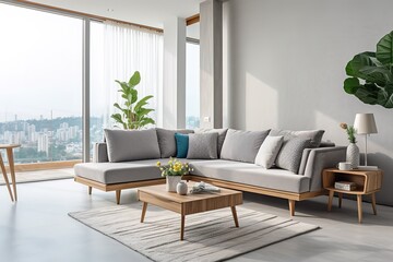 Modern luxury living room | Modern interior living room design | 3d rendering of modern living room with white sofa | Panoramic grey living room ,Generative AI.