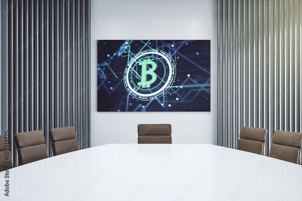 Poster Creative Bitcoin concept on presentation screen in a modern conference room. 3D Rendering