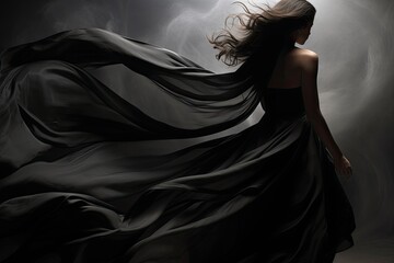 Woman in black silk dress evolved on wind. Black tones background.