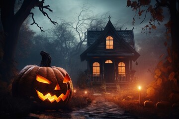 Fototapeta na wymiar Halloween pumpkins in front of a house at night, Halloween background.Generative Ai
