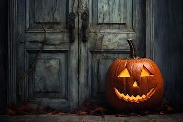 Halloween pumpkins in front of a house at night, Halloween background.Generative Ai