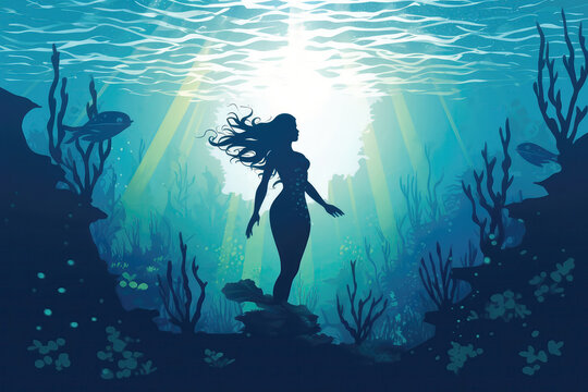Silhouette Of Mermaid Under Water. Generative AI