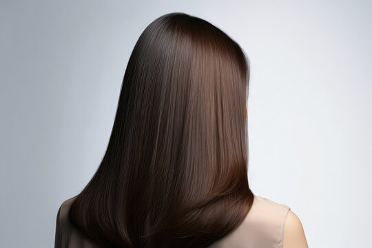 Medium Length Brunette Straight Hair , Rear View On White Background. Generative AI