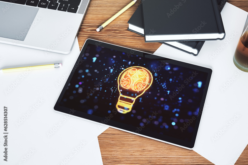 Poster Creative light bulb with human brain hologram on modern digital tablet display, artificial Intelligence and neural networks concept. Top view. 3D Rendering