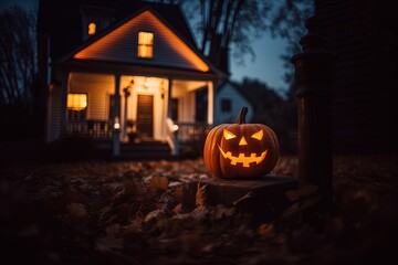 Halloween pumpkins in front of a house at night, Halloween background.Generative Ai