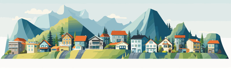 Group of small houses in mountains vector simple 3d isolated illustration