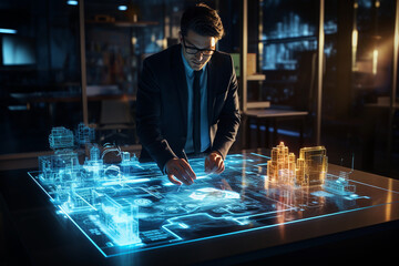 A professional standing next to a hologram of a city on a futuristic table.