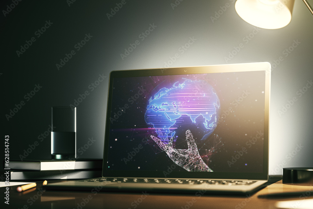 Leinwandbilder Modern computer display with abstract graphic world map, big data and networking concept. 3D Rendering