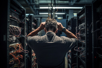 Fototapeta na wymiar Back view of an unidentified male technician grabbing his head while experiencing an issue in the data center.