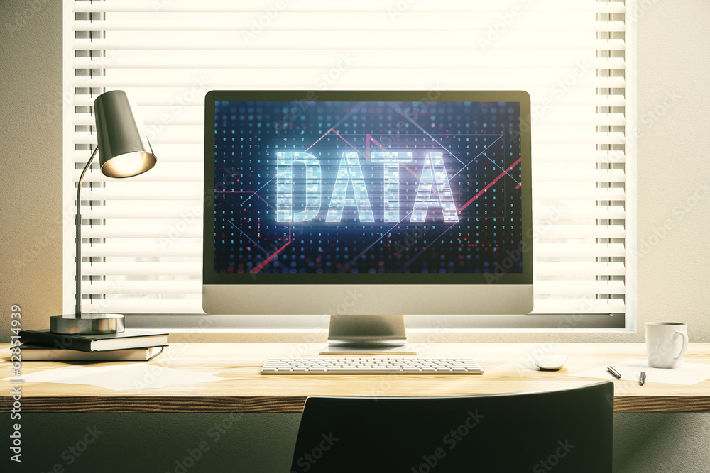 Fototapete creative data word hologram on modern laptop monitor, big data and blockchain concept. 3d rendering
