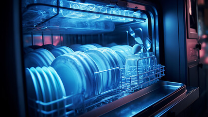 clean dishes in an open dishwasher with blue backlight.
