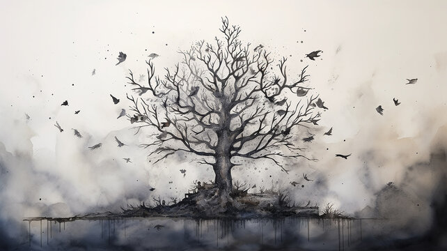 art autumn tree with a large crown without leaves on a white background watercolor monochrome drawing.
