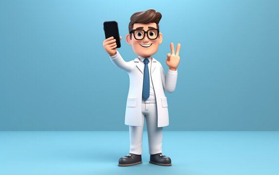 3d render, smart doctor cartoon character wears white coat and glasses, shows smart phone with blank screen to the camera. Finger pointing up. Online healthcare consultation. Medical application