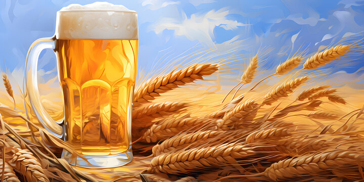Beer mug with wheat and wheat ears, in the style of photorealistic painting  created with Generative AI technology