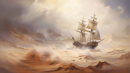 ship with sails in the desert on sandy waves oil paint painting.