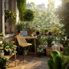 Fototapeta na wymiar Urban jungle, love for plants concept. Interior of cozy home garden with fresh green houseplants, natural home decor