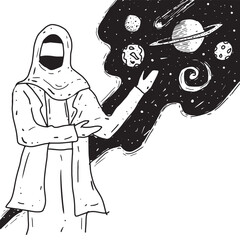 Muslim woman, Female Muslim Scientists. Hand drawn muslim woman in hijab presenting the space concept sketch. Isolated vector illustration.