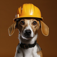 Funny dog in a protective helmet 