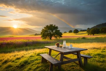 picnic table on the meadow