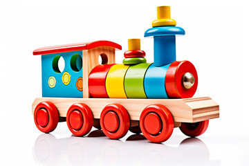 Colorful wooden toy train isolated on white background
