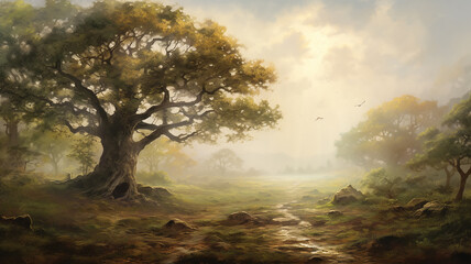 vintage oil painting sunset lonely tree nature landscape.