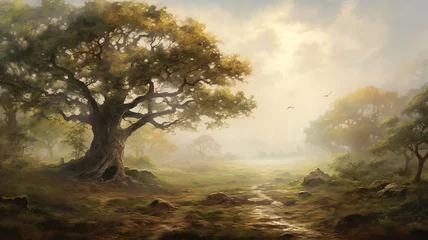 Poster vintage oil painting sunset lonely tree nature landscape. © kichigin19