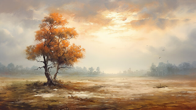 vintage oil painting sunset lonely tree nature landscape.