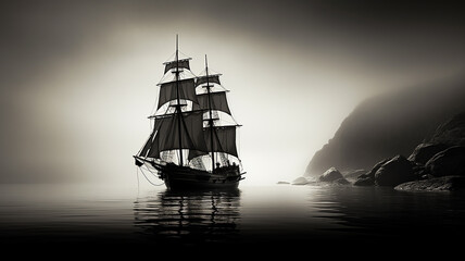 Fototapeta premium black sailboat silhouette in the fog.
