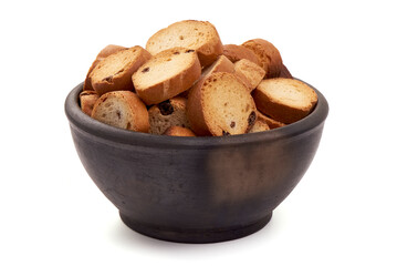 Baked crackers, close-up, isolated on white background.