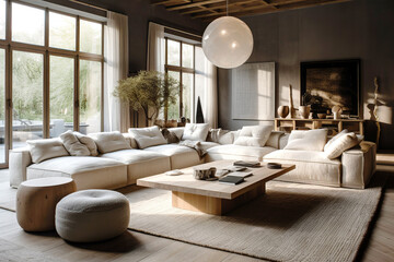 White fabric corner sofa and wooden square coffee table on grey woven rug. Rustic farmhouse home interior design of modern living room.