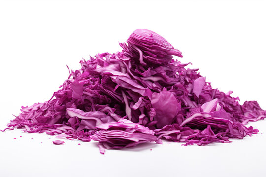 Collage with piles of shredded fresh red cabbage on white background