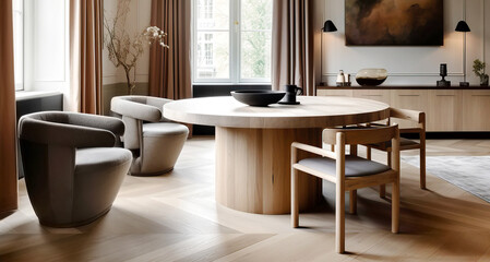 Grey barrel chairs at wooden round dining table. Scandinavian rustic home interior design of modern living room.