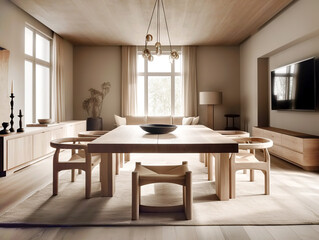 Natural wood furniture in dining room. Scandinavian home interior design of modern living room.