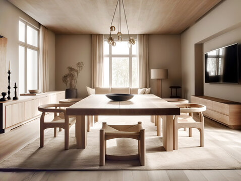 Natural wood furniture in dining room. Scandinavian home interior design of modern living room. - Powered by Adobe
