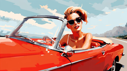 woman in red cabrio car - obrazy, fototapety, plakaty