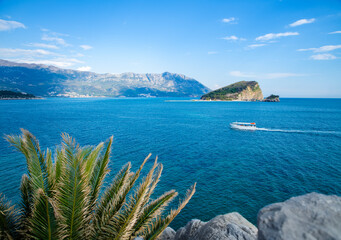 View of the island of St. Nicholas in the Adriatic Sea in Montenegro - obrazy, fototapety, plakaty