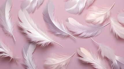 Fototapeta na wymiar Small fluttering and flying feathers on a pastel backdrop, in the style of photorealistic compositions created with Generative AI technology