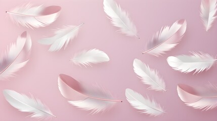 Small fluttering and flying feathers on a pastel backdrop, in the style of photorealistic compositions created with Generative AI technology