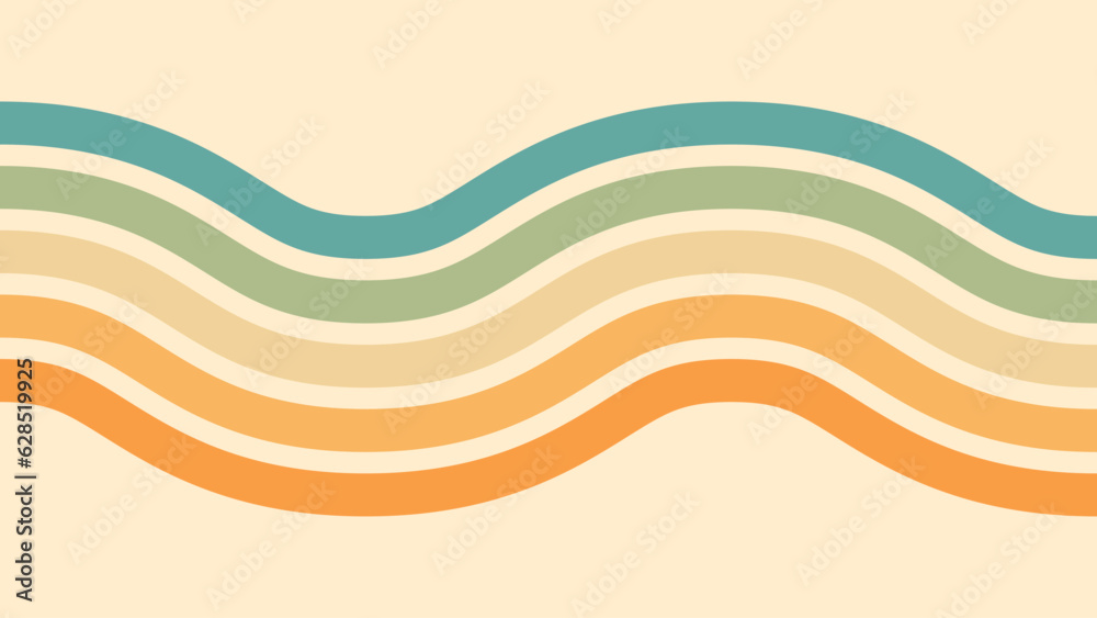 Wall mural abstract background of rainbow groovy wavy line design in 1970s hippie retro style. vector pattern r