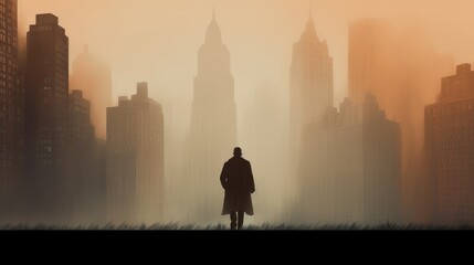 foggy autumn city silhouette of a man