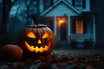 Obraz premium Halloween pumpkins in front of a house at night, Halloween background.Generative Ai