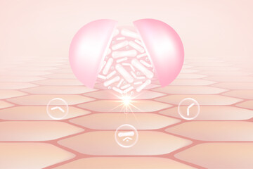 Probiotic and Hyaluronic acid skin solutions ad, pink collagen, and vitamin serum drop with cosmetic advertising background ready to use illustration vector.	