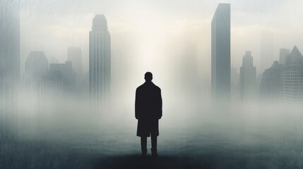 Fototapeta na wymiar foggy autumn city silhouette of a man
