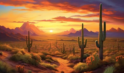 Arizona desert landscape with Saguaro cactus at sunset. Generative AI - obrazy, fototapety, plakaty