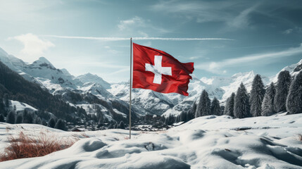 white cross on red swiss flag in the snowy mountains - obrazy, fototapety, plakaty